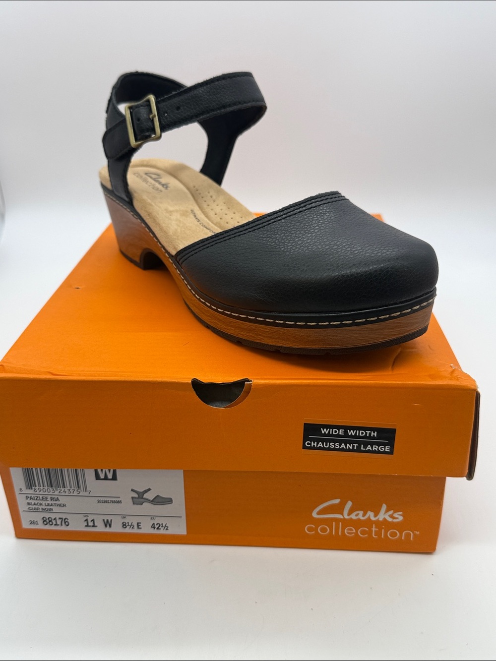Clarks Black Leather Buckle-Strap Clog Sandals